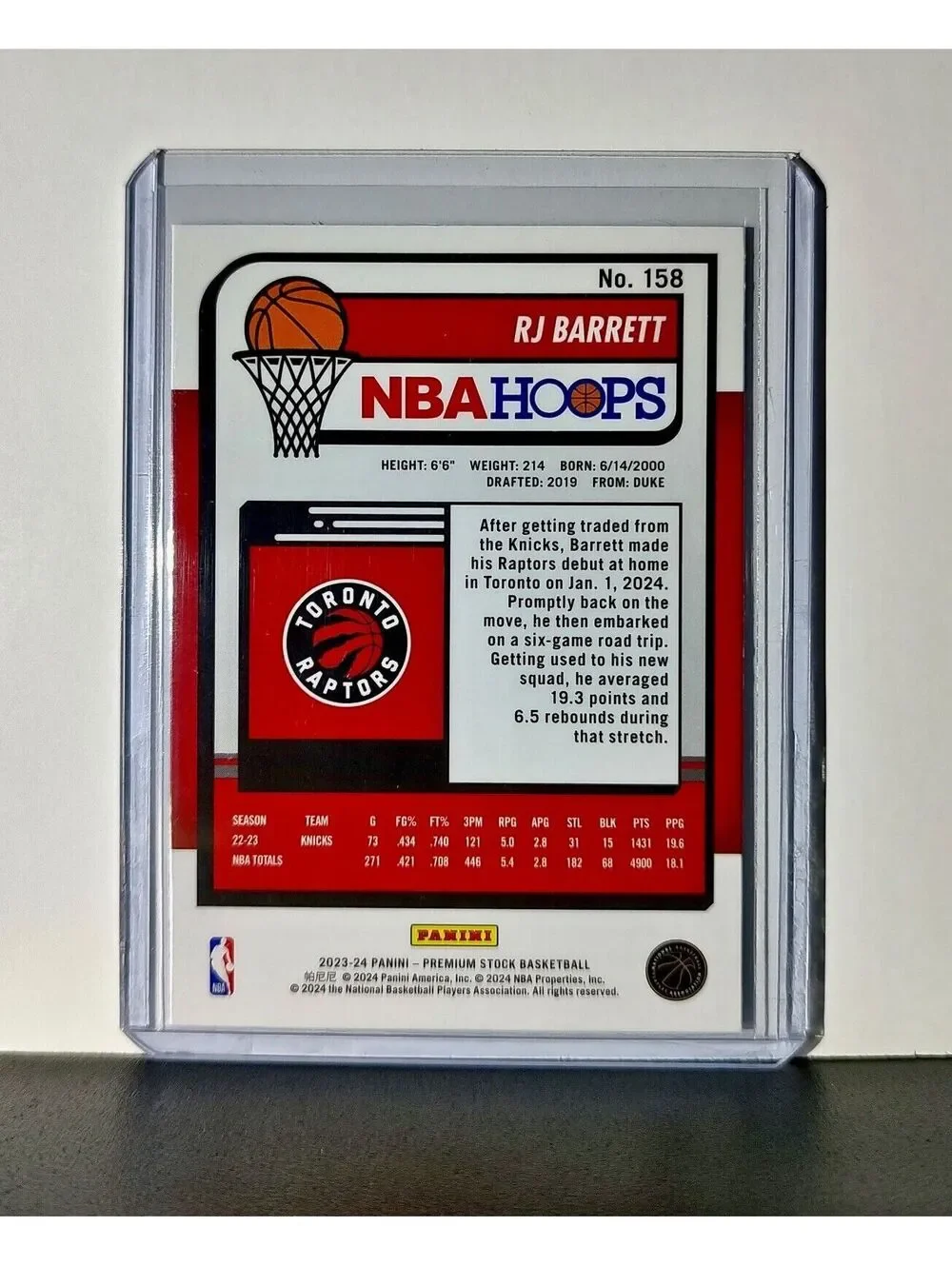 RJ Barrett 2023-24 Panini Premium Stock NBA Hoops #158 Card Toronto Raptors